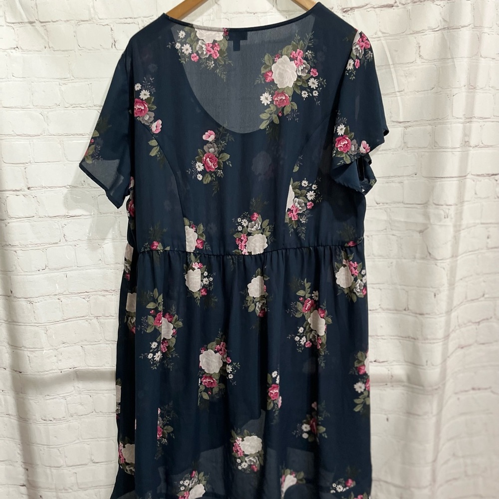 Torrid 1 Navy Blue White Pink Floral Ruffle Hi Lo Midi Dress Short Sleeves